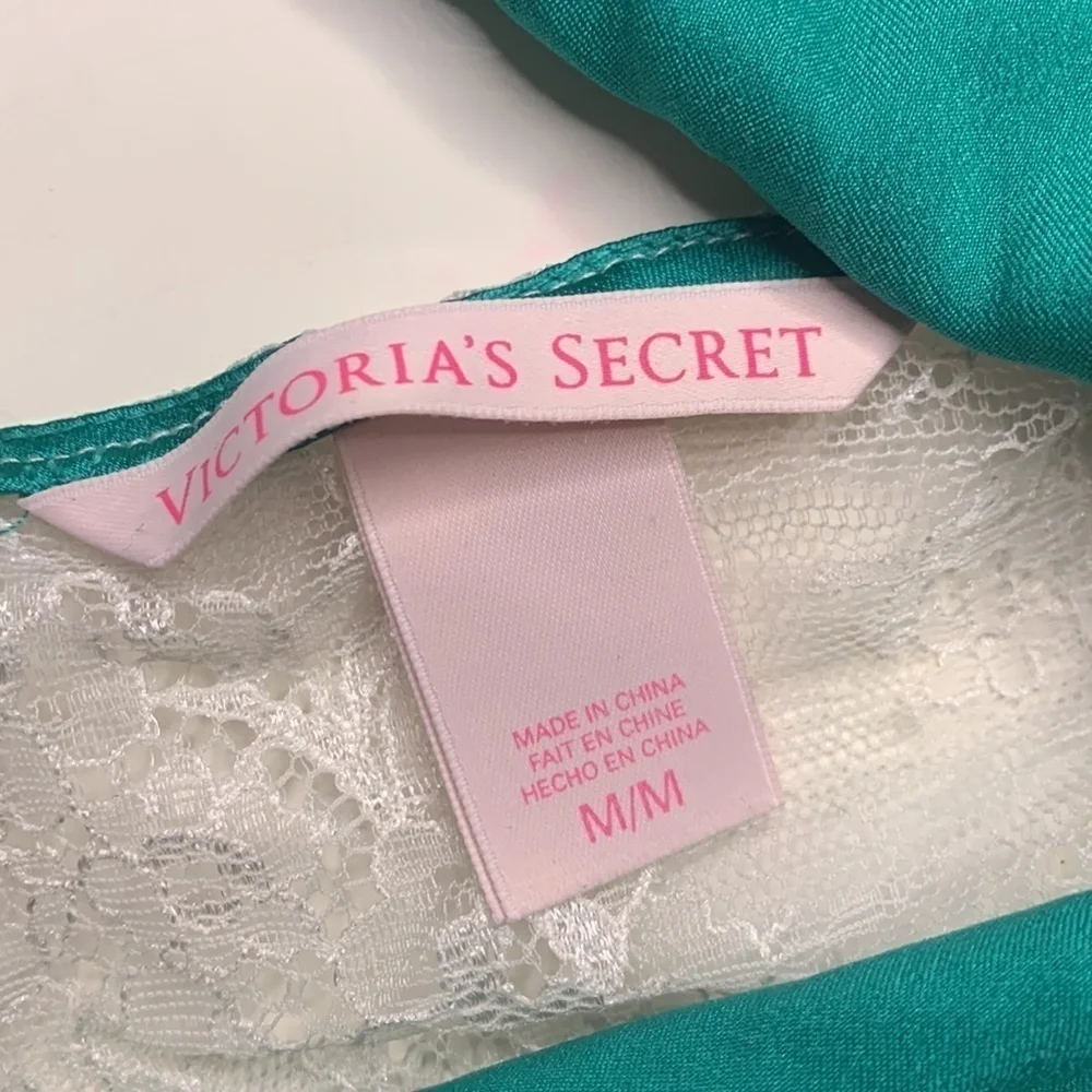 Vintage Victoria Secret aquamarine green white lace nightingale mini slip dress